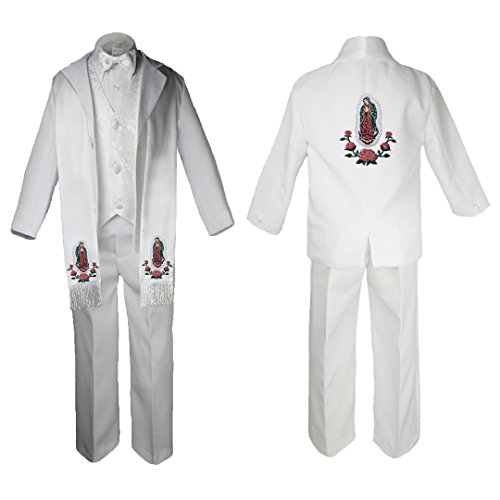 Image of Baby Boy Christening Paisley Suit Silver Guadalupe Maria on Stole & Back SM-20