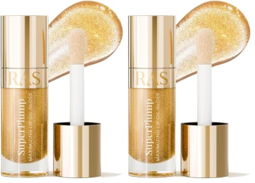 Image of RAS Luxury Oils Hydrating 4-in-1 Super Plump Lip Oil Gloss, Balm, Plumper & Gloss with SPF 20 | Enriched with Natural Oils, Peptides & Hyaluronic Acid - Golden Glow (Pack of 2)