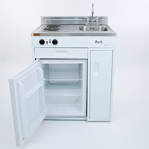 Avanti Ck3016 30” Energy Star Certified Full Compact Kitchen, Built In Kitchenette Stainless Steel Counter, Two Element Cooking Range, Refrigerator & Storage, White #TOP2