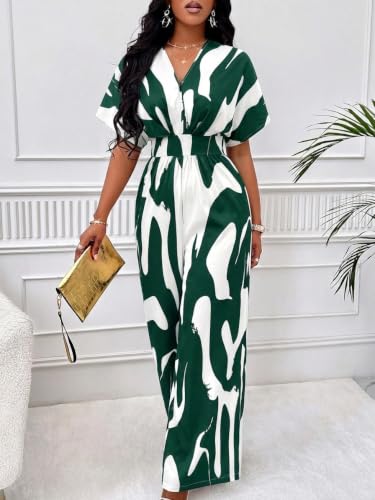 Image of PerZeal Women's V-Neck Short Sleeve Printed Jumpsuit with Pockets - Casual Wide Leg One-Piece Romper for Summer(S-XXL)