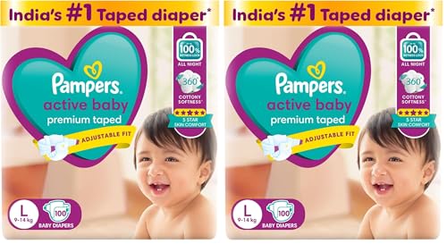 Image of Pampers Active baby Tape Style Baby Diapers, Large (L), 100 Count, 9-14 kg, Adjustable Fit with 5 Star Skin Protection (Pack of 2)