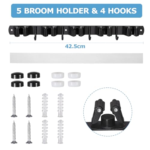 Carehabi 5 Besenhalter mit 4 Haken, Besenhalterung Wandhalterung Besen Mop Halter ohne Bohren oder Bohren, Selbstklebend Werkzeughalter Organizer für Garage,Garten,Abstellkammer,Küche,Badezimmer