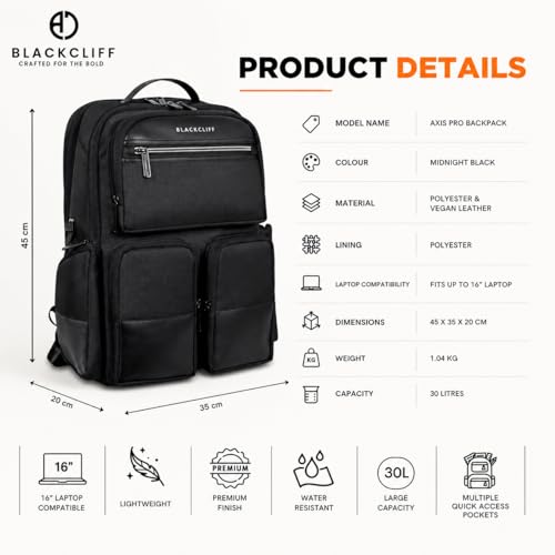 Image of BLACKCLIFF Apex Pro Premium Lightweight Laptop Backpack for Men & Women | Water-Resistant Stylish Bag with Vegan Leather, USB Charging Port, 16-Inch Laptop Sleeve | Office, College, Travel & Daily Use