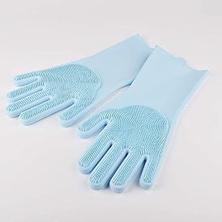 Magic Silicone Rubber Dish Washing Gloves Kitchen Pet Bath Cleaning Scrubber (Blue), M