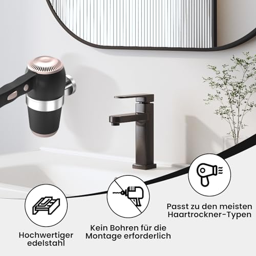 Dailyart Haartrocknerhalter Haartrockner Halterung Fönhalter zum Kleben Wandmontage - Befestigen ohne Bohren, Edelstahl, Silber