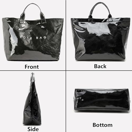 Image of PVC Tote Bag Women's Letters Print Large Kraft Paper Carry All Bag Top Handle Clear Hobo Handbag - Black