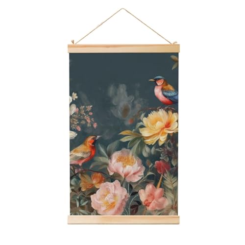 Poster mural oiseaux et fleurs avec cintre en bois vintage pour décoration salon 50x76 cm