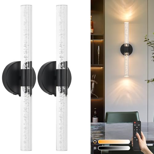 Image of Battery-Operated Wall Sconces Set of 2, Black 20'' Rechargeable Crystal Bubble Wall Sconce with Remote Control, 3000K-6000K Dimmable LED Wireless Wall Lights for Living Room Bedroom Hallway