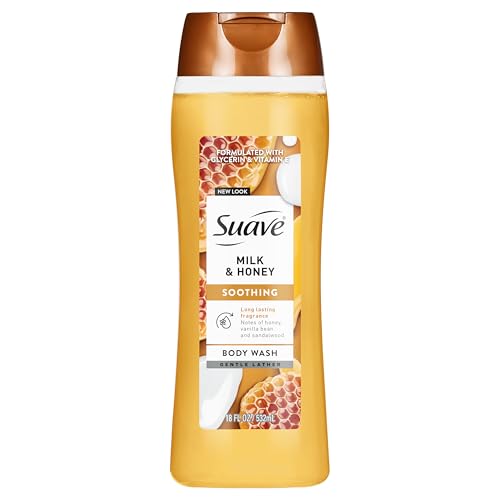 Suave Milk & Honey Moisturizing Body Wash with Glycerin & Vitamin E Hydrating Skin Cleanser For Soft Smooth Skin Long Lasting Scent Paraben Free 18 FL OZ