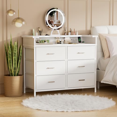 BOLUO White Dresser with Mirror, Fabric Dressers 6 Drawer Dresser for Bedroom with Charging Station, Vanity Dresser for Girls Modern