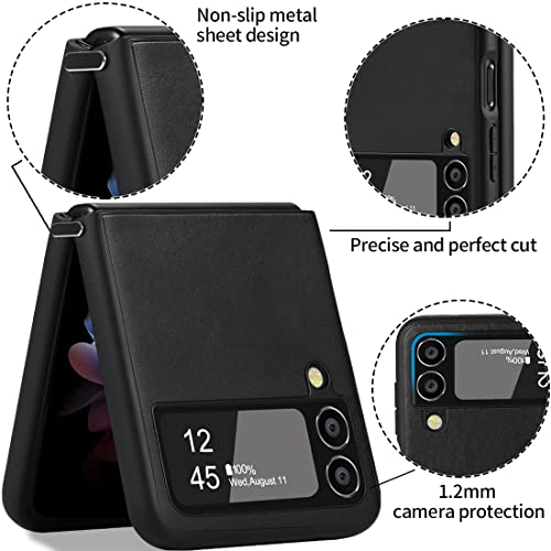 Kezihome Samsung Galaxy Z Flip 4 Case, Samsung Z Flip 4 Genuine Leather Case, Slim Thin Shockproof Full-Body Protective Cover Phone Case Compatible With Galaxy Z Flip 4 5G (Black) #TOP5