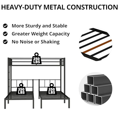 INCLAKE Triple Bunk Bed, Metal Twin Over Twin & Twin Beds for 3 With Guardrails, Ladder & Upper-Bed Platform, Detachable for Children, Teens, Adults, No Box Spring Needed, Black