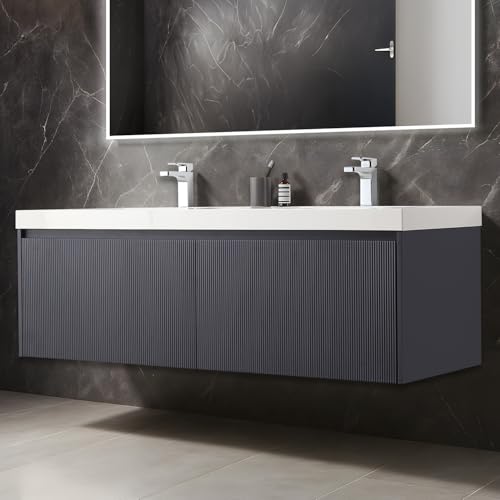 Blossom 60 Inch Double Sink Floating Bathroom Vanity - Solid Wood Wall Mounted Cabinet - Navy Blue Marine Grade Finish - Modern Dual Sink Vanity Set - Soft Close Drawers - Premium Master Bath