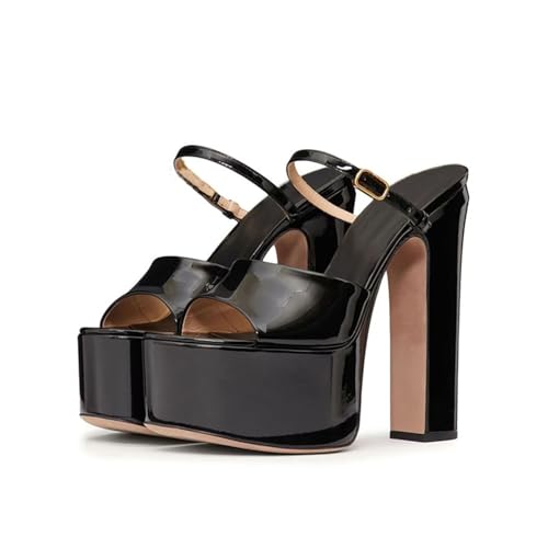 Sexy Black shiny Leather Platform Mules Round toe Pull-on Super high heel slides-sandals Chunky heeled Slippers Large size Peep toe slippers3