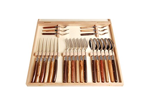 LAGUIOLE - Cubertera de Acero Inoxidable en Caja de Madera, 24 Piezas, diseo con Mangos de Maderas Distintas