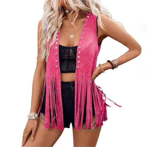 Women Fringe Vest Tops Vintage Western Classic Faux Suede Leather Open Front Sleeveless Cardigan 70s Cowboy Jacket2