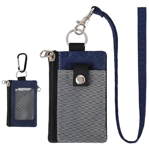 Image of MASAPHlL Small Lanyard Wallet for Women /Men with RFID Blocking ID Holder, Minimalist Nylon Zipper Lanyard Pouch, Travel Neck Wallet with Keychain, ID Window for Card,Coin,Cash (Gray+Dark Blue)