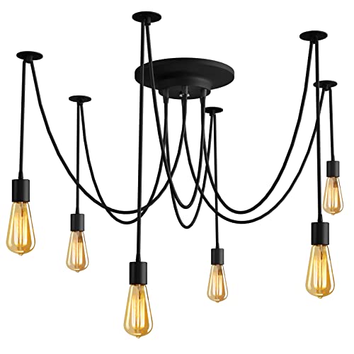 Fuloon Vintage Edison Multiple Ajustable DIY Ceiling Spider Lamp Light Pendant Lighting Chandelier Modern Chic Industrial Dining with Romote Control (6 Head Cable 200cm/78.7inch Each)