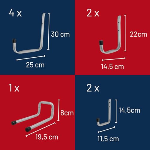 HOME IT Montagesystem für Garage – Kit 15 Stück mit Einzelhaken und Doppelhaken für Decke und Wand, Kapazität 20 kg pro Haken