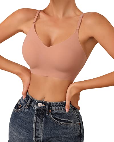 Image of DEANGELMON V Neck Bra Padded Seamless Adjustable Straps Bralettes Everyday Basic Sleeping Bras Multiple Pack