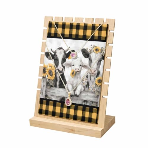 VANPTBNHS Necklace Display Stand,Farmhouse Cow Sheep Buffalo Plaid Wooden Pendant Necklaces Holder Stands with PU Panel Rustic Sunflower Wood Fence Jewelry Rack Organizer for Vendors and Home,7x3x9in