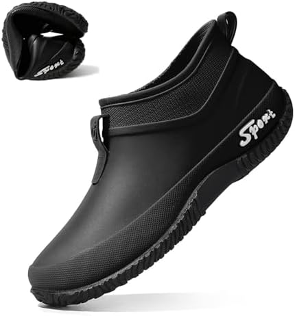Women's Rubber Flat Low Top Rain Boot Fashion Round Wide Toe Waterproof Lug Sole Anti-Slip Slip on Deck Garden Shoes for Boating Camping Farming Outdoor Work