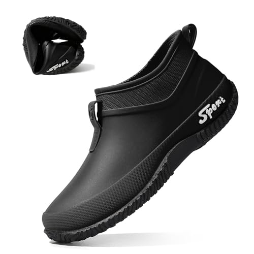 OXNGDMDM Women's Rubber Flat Low Top Rain Boot Fashion Round Wide Toe Waterproof Lug Sole Anti-Slip Slip on Deck Garden Shoes for Boating Camping Farming Outdoor Work (Black,6)