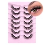 Mavphnee Natural Look Wispy D Curl False Eyelashes Cat Eye Fake Lashes Strips 7 Pairs Clear Band Fluffy False Lashes Pack