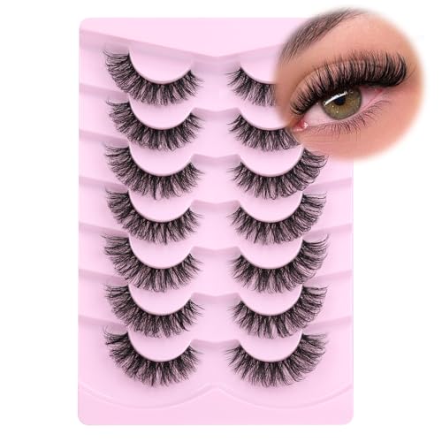 Mavphnee Natural Look Wispy D Curl False Eyelashes Cat Eye Fake Lashes Strips 7 Pairs Clear Band Fluffy False Lashes Pack