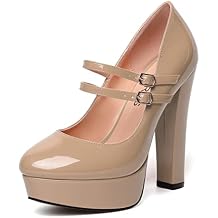 WAYDERNS Womens Dress Patent Round Toe Dating Mary Jane Platform Buckle Adjustable Doule Strap Block High Heel Pumps Shoes 5 Inch