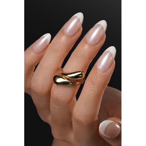 AzureBeauty Short Almond French Tip Press On Nails, Glazed Donut, 32 Pcs | Full Cover Reusable Press Ons Fake Nails Kit with Adhesive Tabs for Home Manicure, Women, Girls, Summer, Weddings a