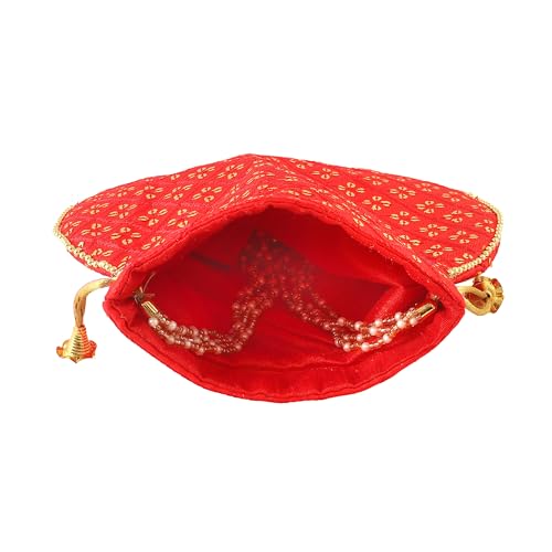 Image of Handcrafted Potli Purse with Golden Floral Embroidery and Pearl Accents