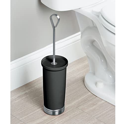 Mdesign Compact Freestanding Plastic Toilet Bowl Brush And Holder For Bathroom Storage, Decorative Steel Handle And Base, Non-Skid - Sturdy, Deep Cleaning - Black/Chrome #TOP1