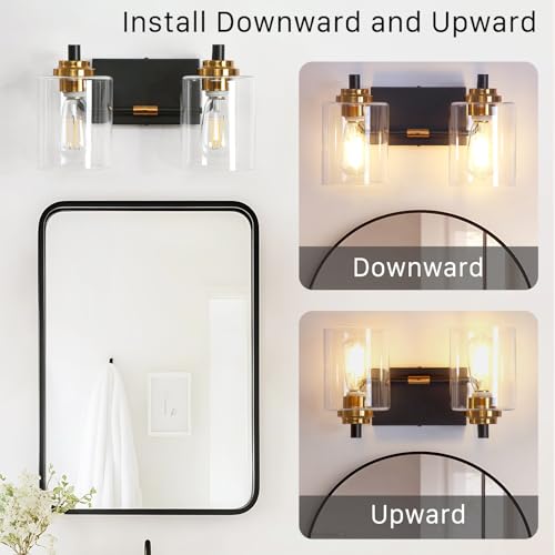 Image of Modern 2-Light Bathroom Vanity Light Fixture, Black and Gold Bathroom Light Fixtures Over Mirror with Large Clear Glass Shades, Farmhouse Wall Sconce for Bedroom Living Room, E26 Base