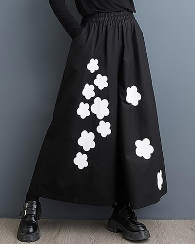 ellazhu Women's Pants Elastic Waist Pocket Wide Leg Flowy Hem Black Pattern Baggy Loose GZ3293