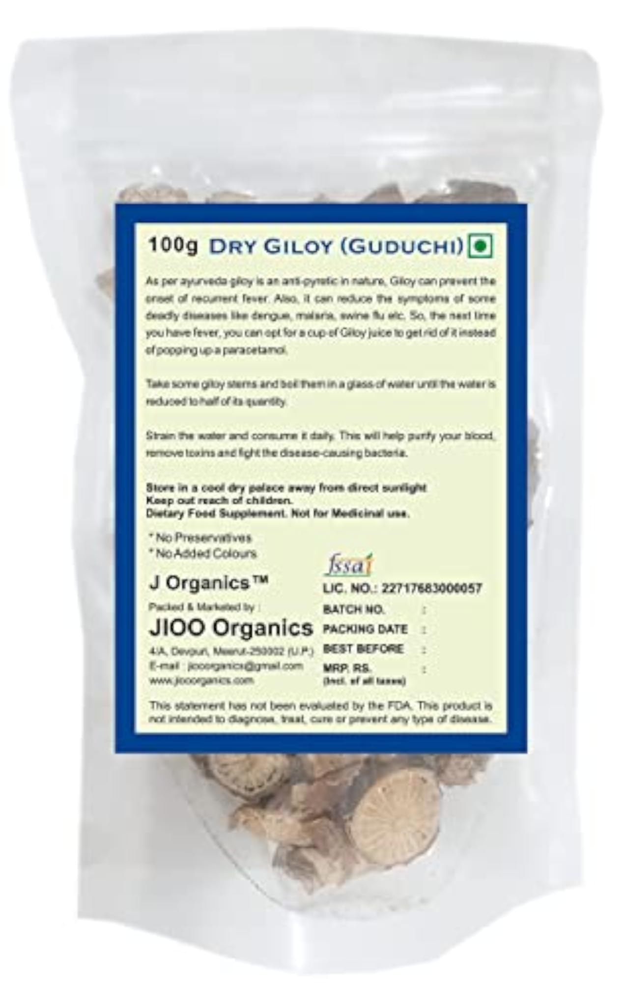J Organic Giloy Stems, Natural Immunity Booster, 100g