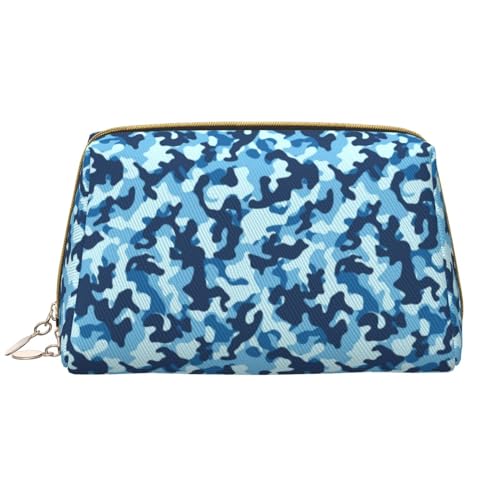 Bolsa de maquillaje de cuero, bolsa de maquillaje de camuflaje azul, bolsa de aseo de viaje para mujeres, bolsa de maquillaje, organizador de bolsa de maquillaje de gran capacidad, bonita bolsa de
