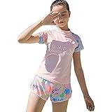 JUWY 水着 女の子 セパレート 2点セット ガールズ水着 体型カバー スポーツウエア トップス パンツ インナー付き スイムウェア タンキニ キッズ ジュニア 子供 水着 (Pink, L)