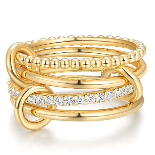 PERJI 14k Gold Moissanite Spinelli Rings for Women - Interlocked Stackable Ring Non Tarnish Statement Multi Band Stacking Size 6