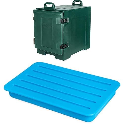 Carlisle FoodService Products Cateraide Insulated Front Loading Food Pan Carrier with Handles, Plastic, 5 Pans, Forest Green + Catercooler Coldpack for Catering, Events, And Restaurants, Plastic, Blue
