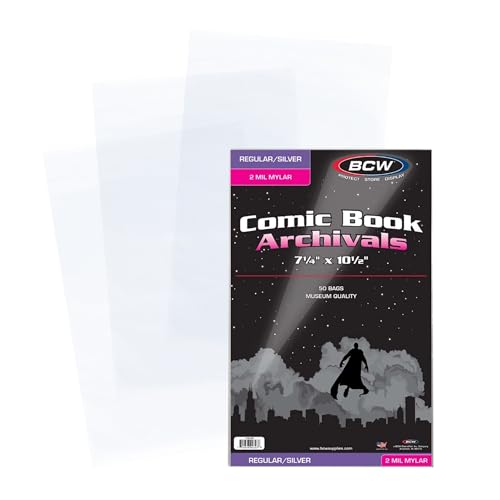BCW Archival Storage Bags for Silver Age/Regular Comic Books - 50 Pack | 7 1/4 x 10 1/2 | 2 Mil Mylar Comic Book Sleeves | Clear Polyester