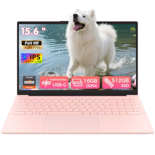 Auusda 15.6 Full HD Laptop 16GB RAM 512GB SSD Compatible with Win11 Backlit Keyboard Fingerprint Unlock Lightweight Student Laptop for Study & Office USB-C Long Battery Life Pink