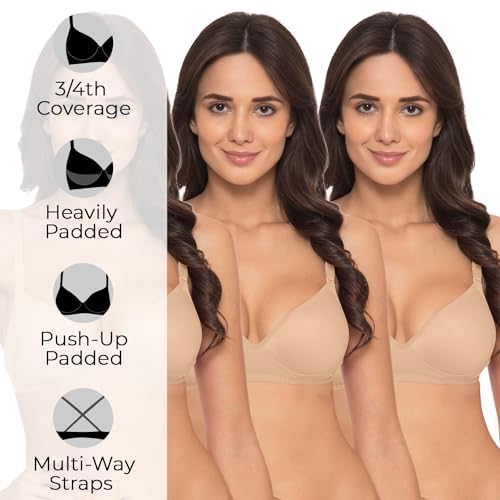 Image of Komli - Heavily Padded Push-Up Bra - Cotton Rich - Balconette - 3 /4th Coverage, Seamless, Wireless, Multiway Straps - T-Shirt Bra