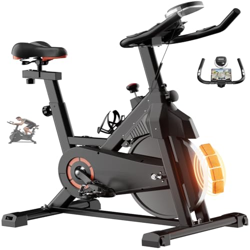 Exercise Bike, Magnetic Stationary Bikes for Home Cardio with Brake Pad Silent Belt Drive, 400LB Weight Capacity Indoor Cycling Bike with Comfortable Seat, Tablet & Water Bottle Holder for Weight Loss
