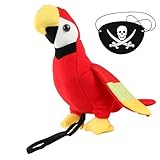 D-Fokes 2PCS Pirate Costume Accessories, Red Stuffed Shoulder Parrot & Black Skull Print Eye Patch for Kids and Adults, Halloween Pirate Outfit Cosplay Party Props Dress-Up