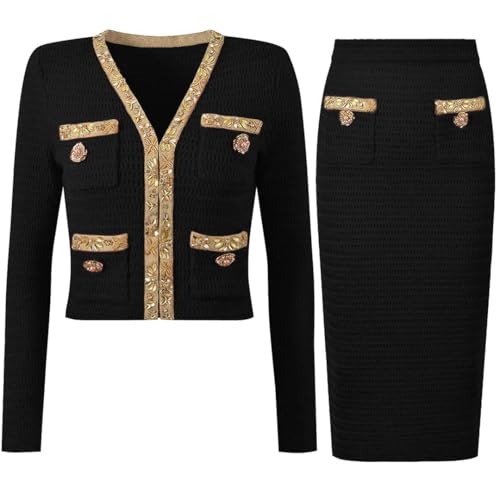 Women Crystal Long Evening 2 Piece Skirt Beading Knitting Cardigans Long Pencil Suits3