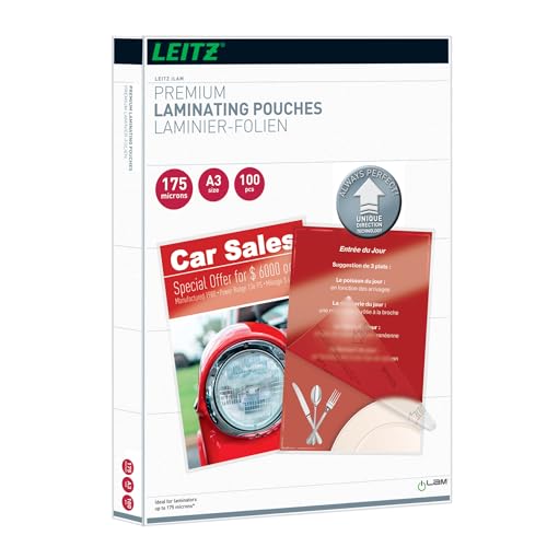 Leitz Heißlaminierfolien A3 175 mic, Laminierfolien in extrastarker Premium-Qualität, 100er Pack, Glänzend, Transparent, Vereinfachtes Einlegen durch UDT, iLAM, 74900000