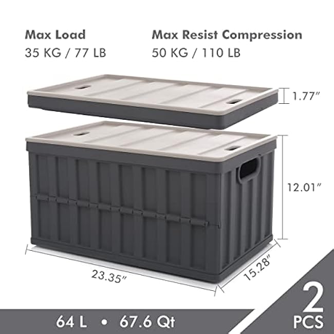 Citylife 64L Collapsible Storage Bins with Lids Plastic Storage Containers for Organizing Stackable Storage Box Large Heavy Duty Utility Crates, 2 Packs