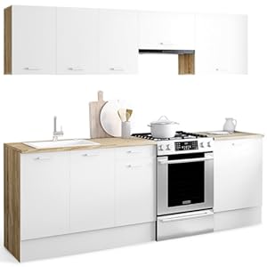 IDMarket – Complete keuken 240 cm SUBTIL met werkblad 7 elementen hout en wit