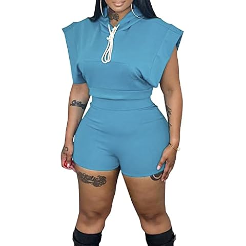 Women Sexy 2 Piece Outfits Summer Sleeveless Slit Hoodie Crop Top Bodycon High Waist Shorts Set Tracksuit, Blue, Small Cover